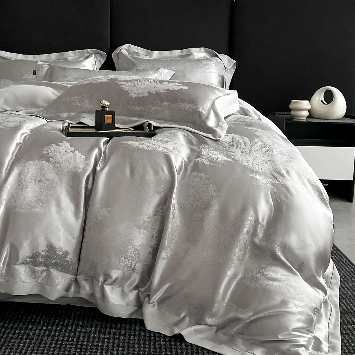 91家纺网 家纺一手货源 找家纺 置顶家纺 2025新款欧若拉亲肤提花四件套 欧若拉-山灰