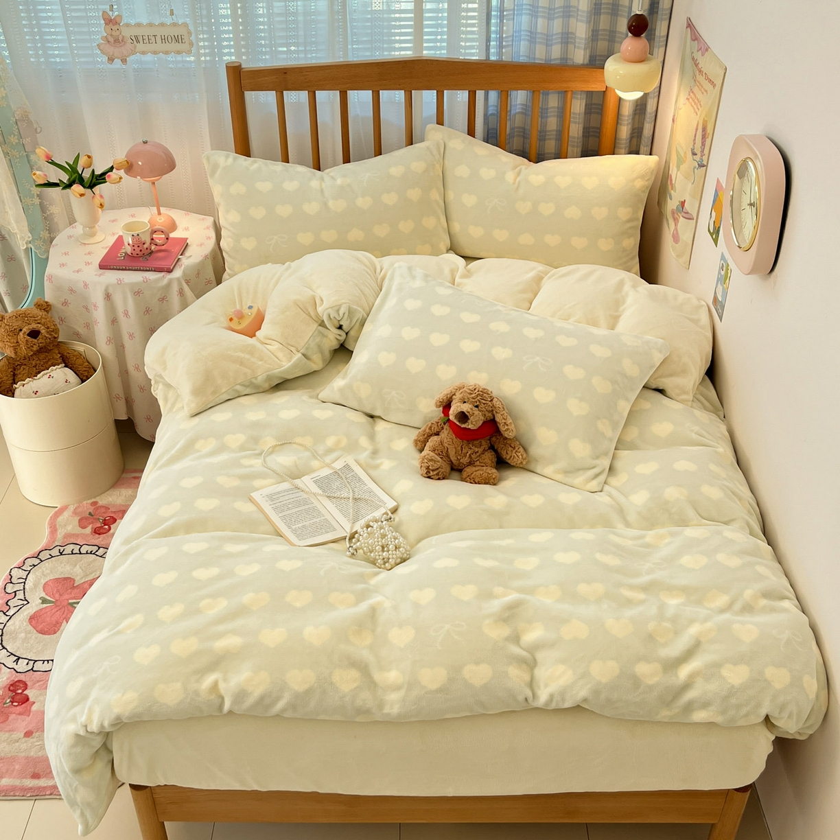 91家纺网 家纺一手货源 找家纺 蓝极人 2025新款牛奶绒印花四件套 D爱心蝴蝶结