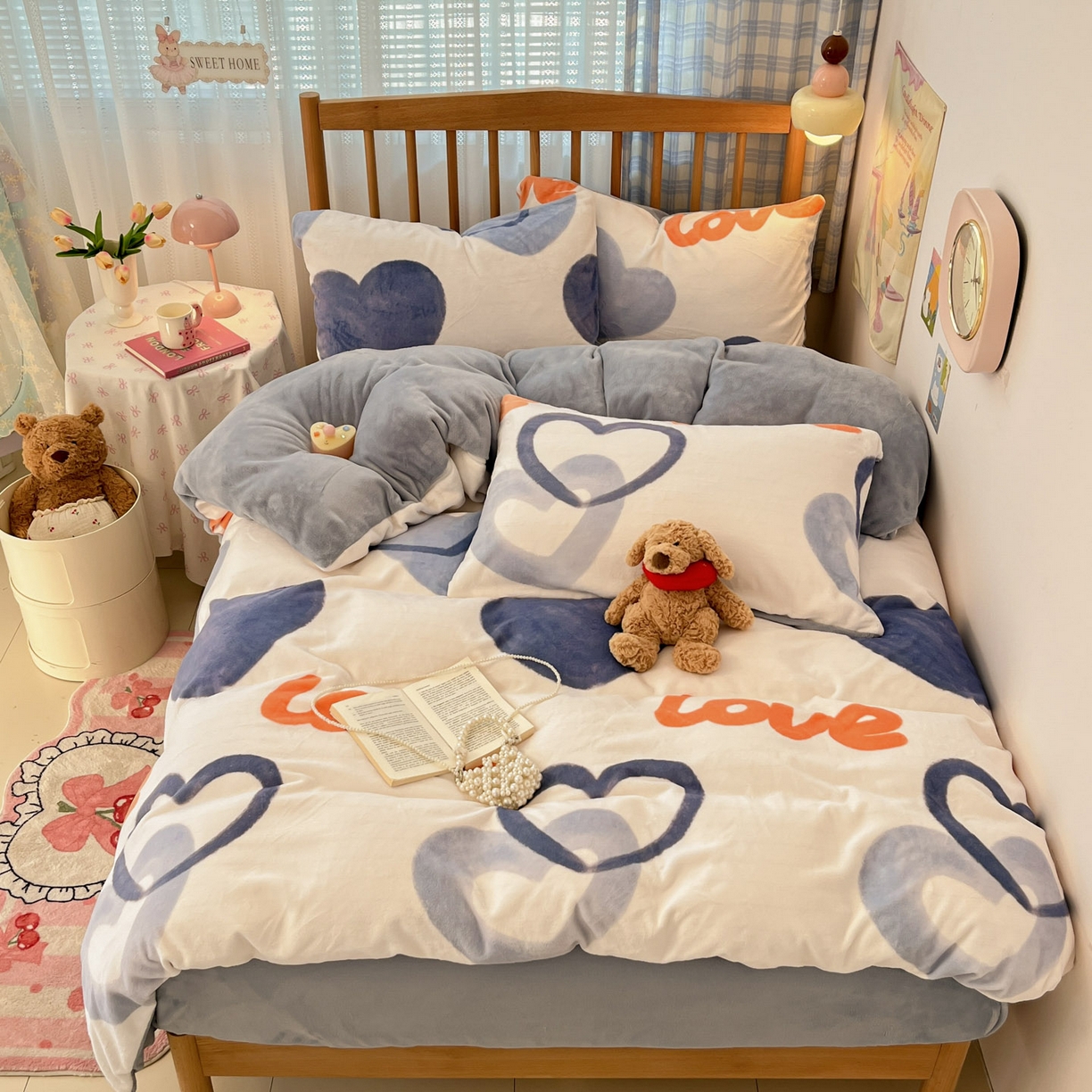 91家纺网 家纺一手货源 找家纺 蓝极人 2025新款牛奶绒印花四件套 D爱心絮语