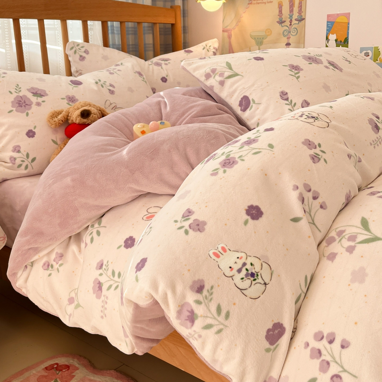 91家纺网 家纺一手货源 找家纺 蓝极人 2025新款牛奶绒印花四件套 D兔眠花笺