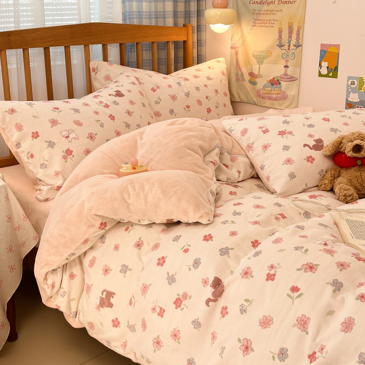 91家纺网 家纺一手货源 找家纺 蓝极人 2025新款牛奶绒印花四件套 D碎花喵喵