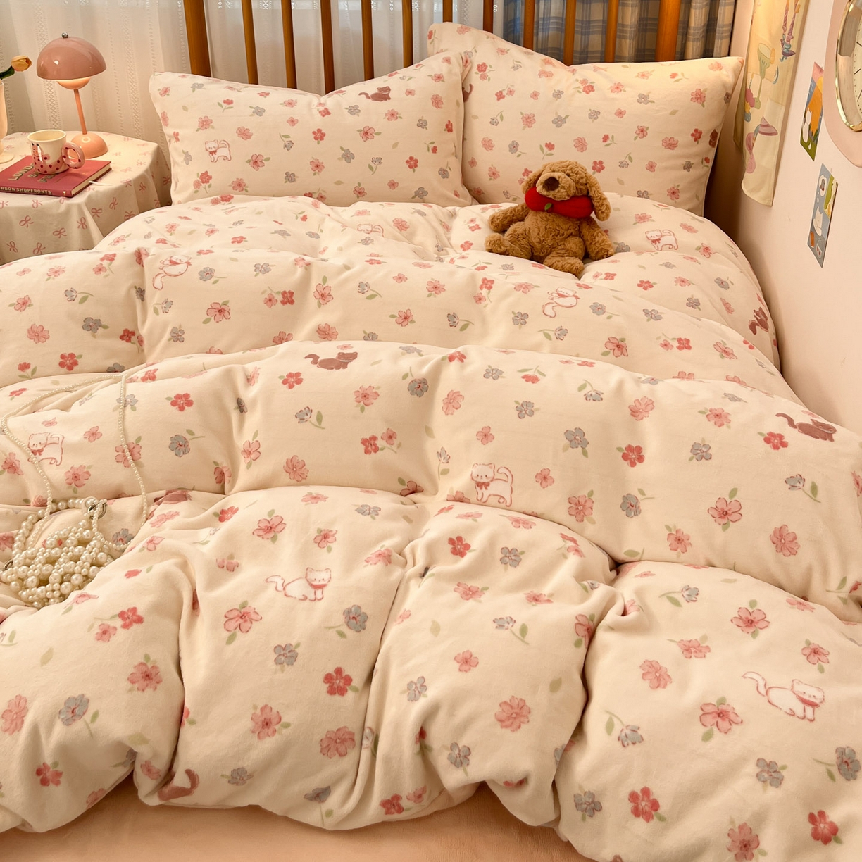 91家纺网 家纺一手货源 找家纺 蓝极人 2025新款牛奶绒印花四件套 D碎花喵喵