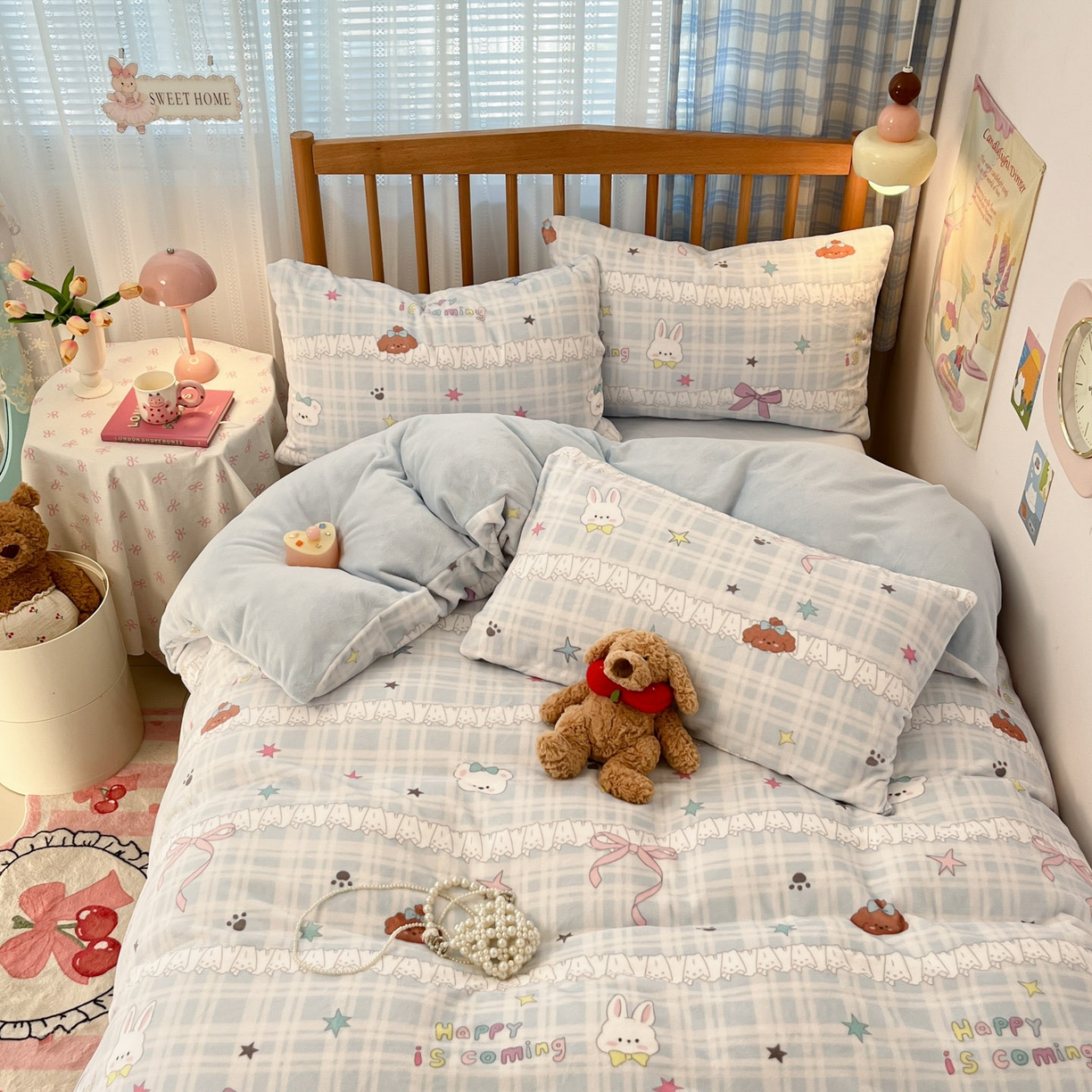 91家纺网 家纺一手货源 找家纺 蓝极人 2025新款牛奶绒印花四件套 D蕾丝萌境