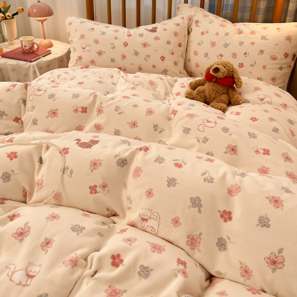 91家纺网 家纺一手货源 找家纺 蓝极人 2025新款牛奶绒印花四件套 D碎花喵喵