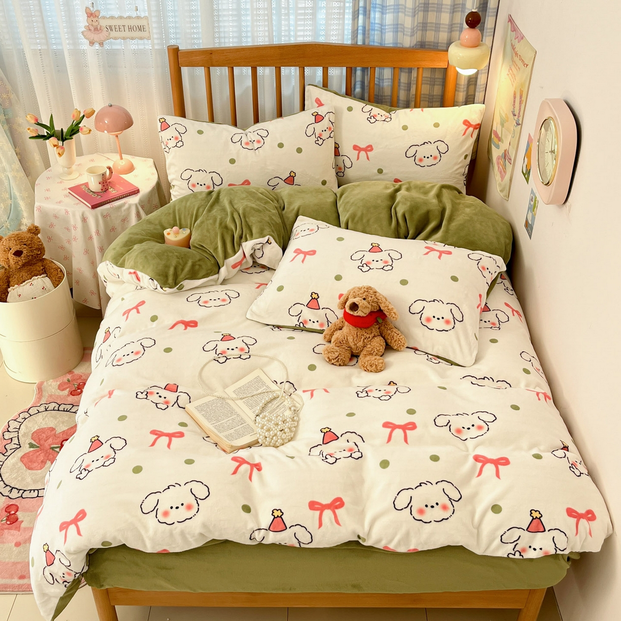 91家纺网 家纺一手货源 找家纺 蓝极人 2025新款牛奶绒印花四件套 D蝴蝶结狗