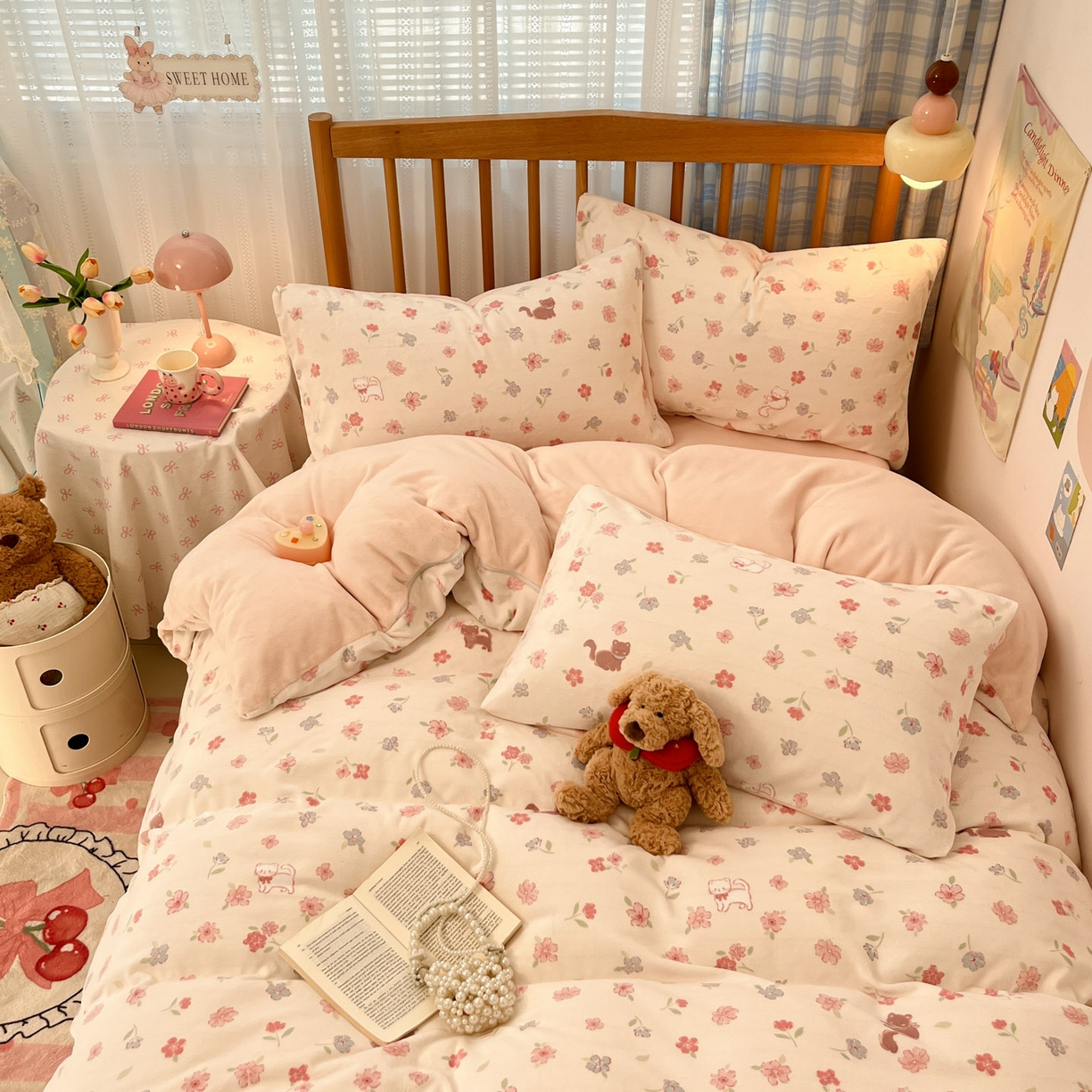 91家纺网 家纺一手货源 找家纺 蓝极人 2025新款牛奶绒印花四件套 D碎花喵喵