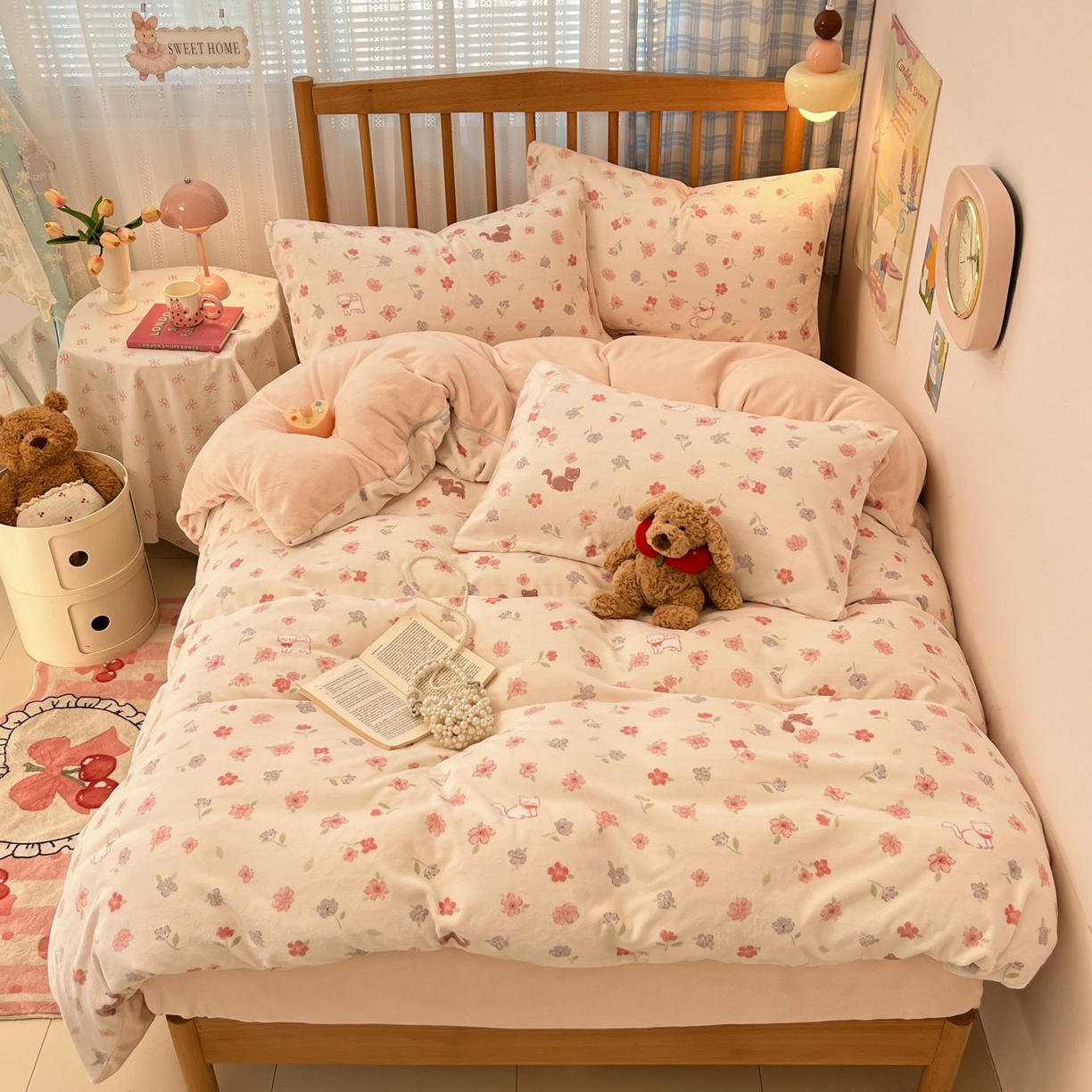 91家纺网 家纺一手货源 找家纺 蓝极人 2025新款牛奶绒印花四件套 D碎花喵喵