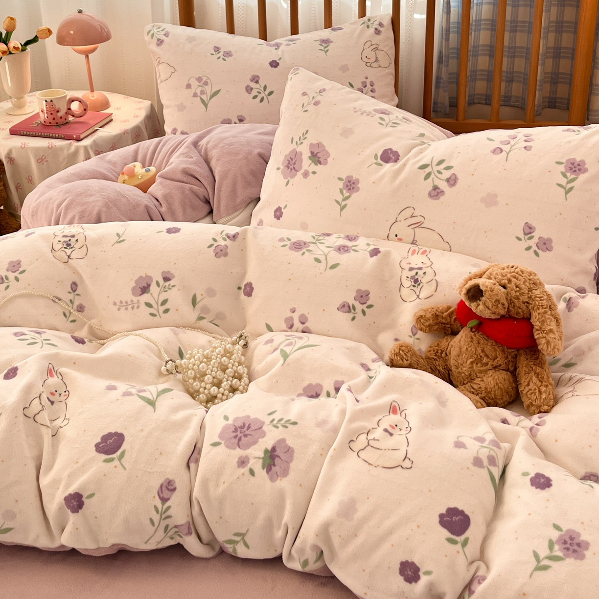 91家纺网 家纺一手货源 找家纺 蓝极人 2025新款牛奶绒印花四件套 D兔眠花笺