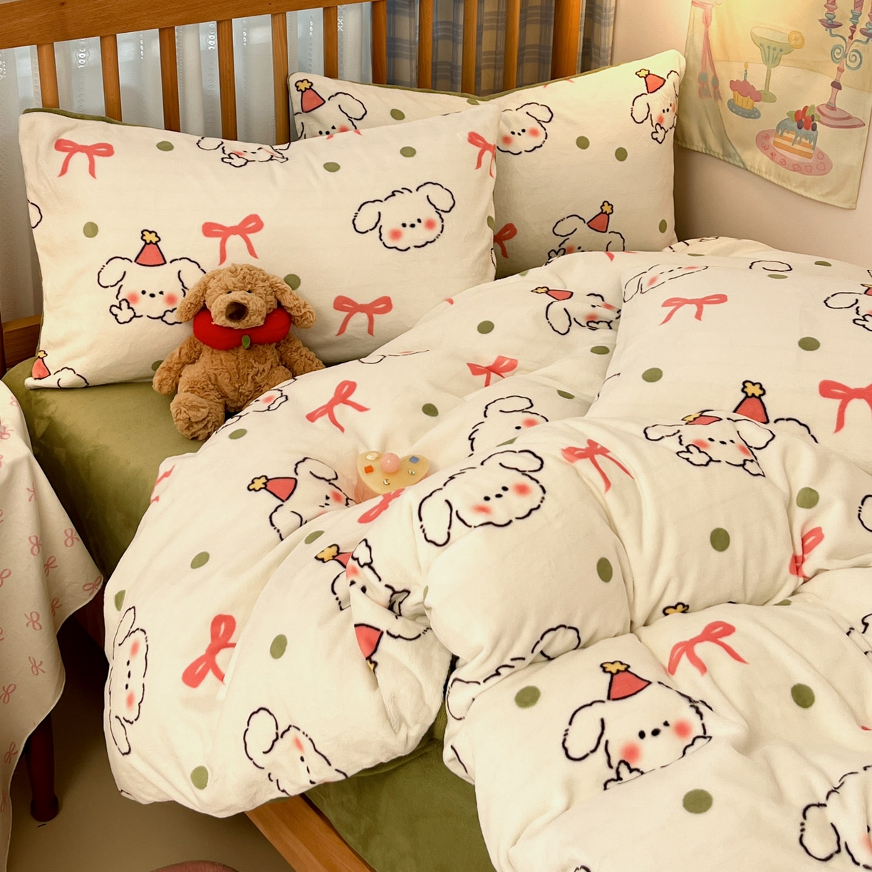 91家纺网 家纺一手货源 找家纺 蓝极人 2025新款牛奶绒印花四件套 D蝴蝶结狗