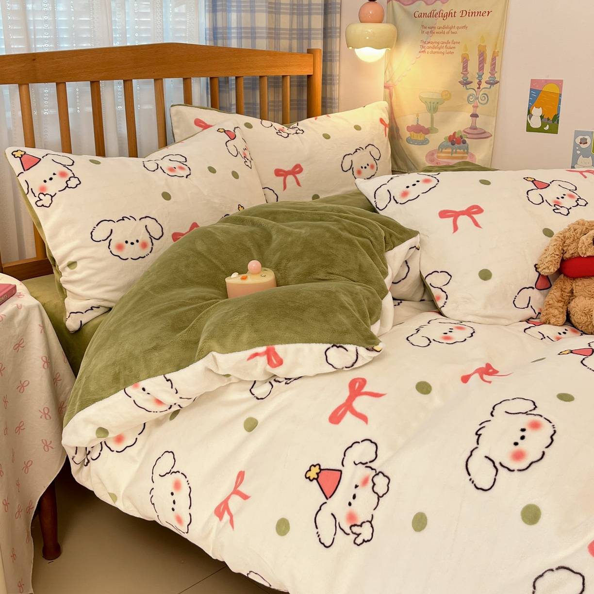 91家纺网 家纺一手货源 找家纺 蓝极人 2025新款牛奶绒印花四件套 D蝴蝶结狗