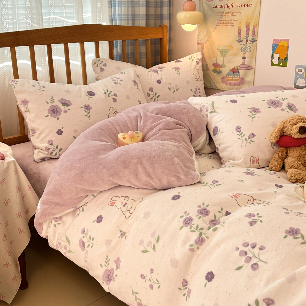 91家纺网 家纺一手货源 找家纺 蓝极人 2025新款牛奶绒印花四件套 D兔眠花笺