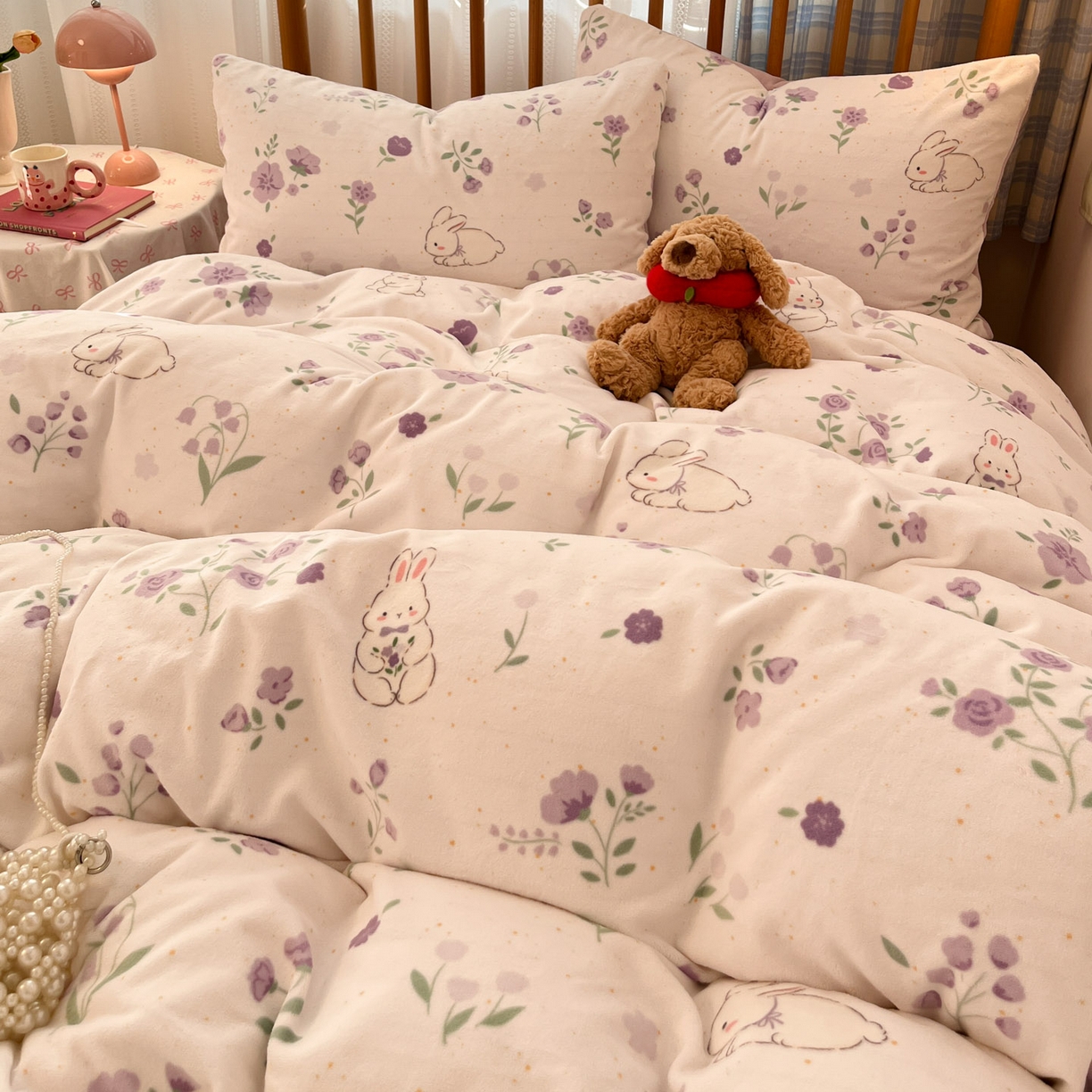 91家纺网 家纺一手货源 找家纺 蓝极人 2025新款牛奶绒印花四件套 D兔眠花笺