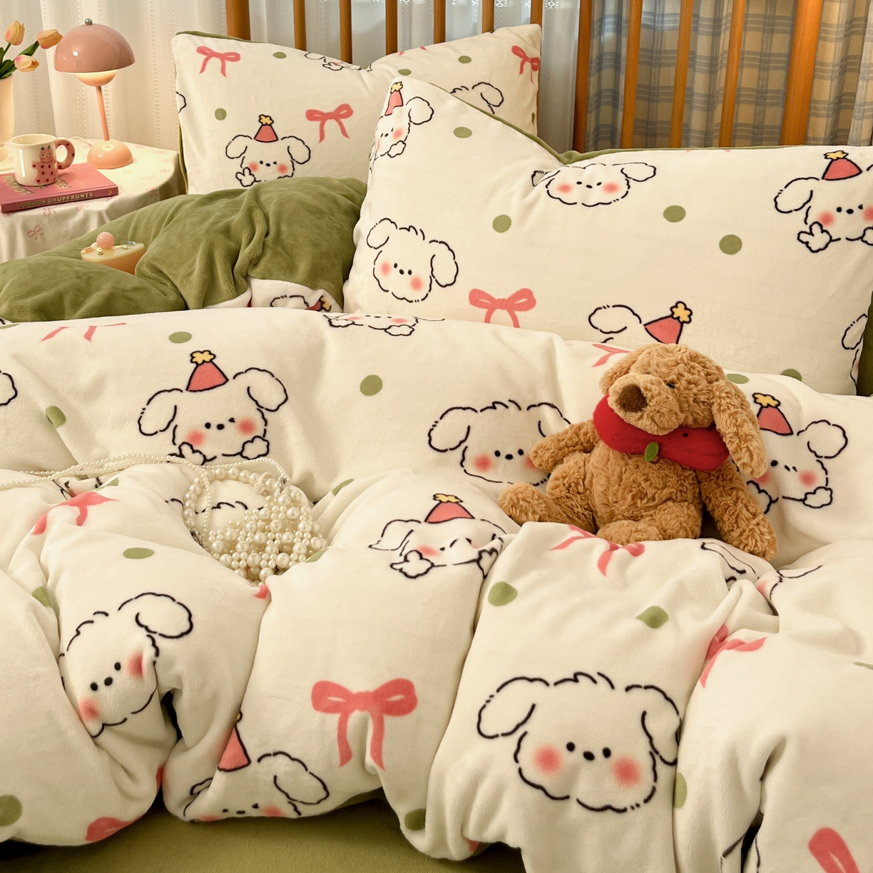 91家纺网 家纺一手货源 找家纺 蓝极人 2025新款牛奶绒印花四件套 D蝴蝶结狗