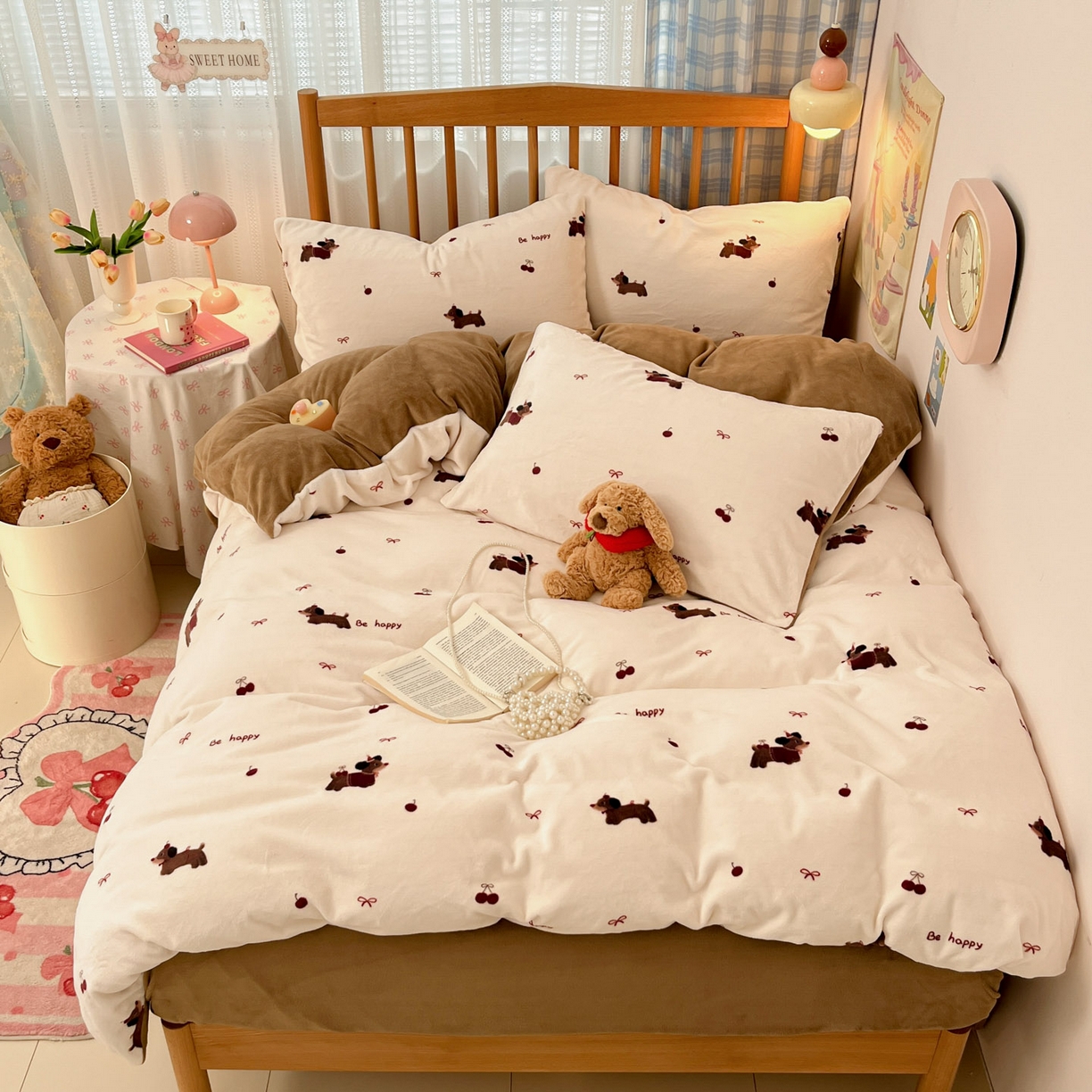 91家纺网 家纺一手货源 找家纺 蓝极人 2025新款牛奶绒印花四件套 D绯色腊肠趣