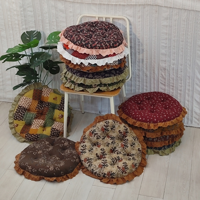 91家纺网 家纺一手货源 找家纺 （总）李帅家居 2025新款圆形仿棉麻印花坐垫美式花边抱枕椅子垫靠垫