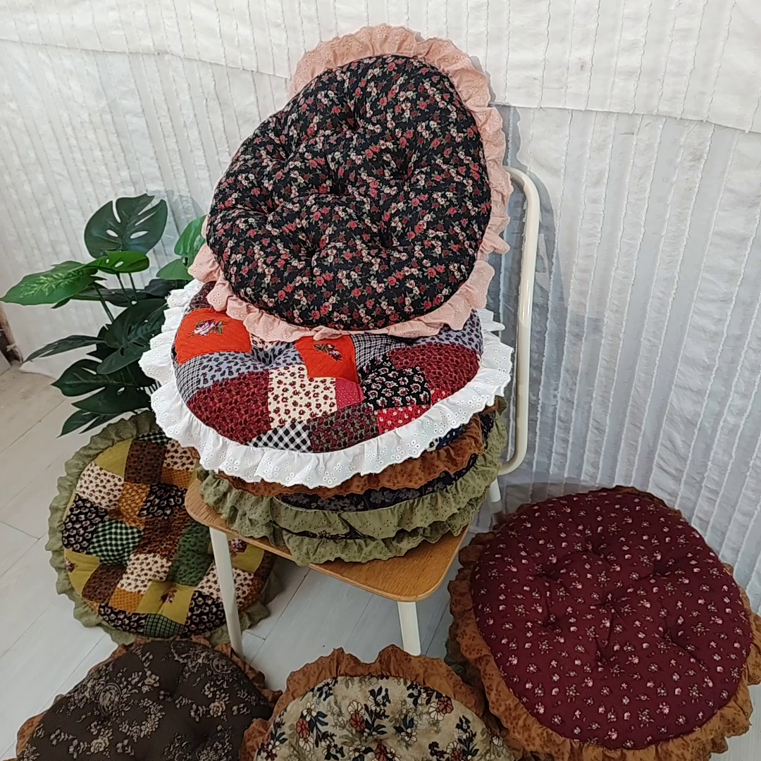 91家纺网 家纺一手货源 找家纺 （总）李帅家居 2025新款圆形仿棉麻印花坐垫美式花边抱枕椅子垫靠垫