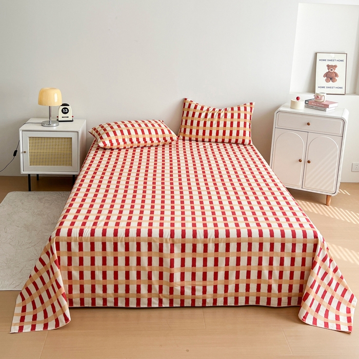 91家纺网 家纺一手货源 找家纺 感遇 2025新款全棉磨毛A类床单床笠三件套 红黄格