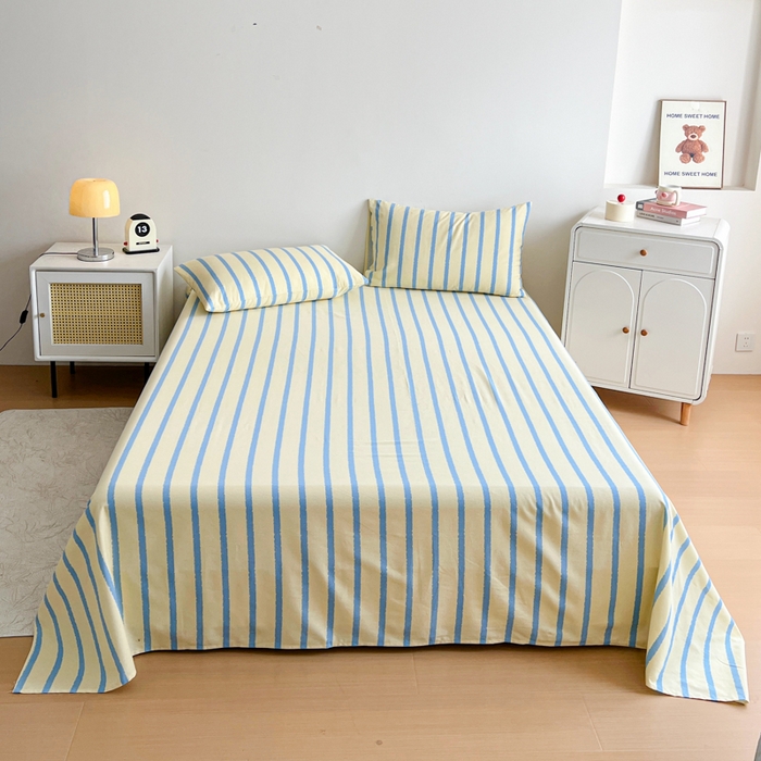 91家纺网 家纺一手货源 找家纺 感遇 2025新款全棉磨毛A类床单床笠三件套 黄蓝条纹