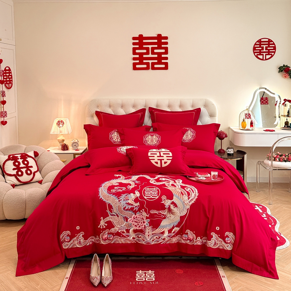 91家纺网 家纺一手货源 找家纺 置顶家纺 2025新款亲肤刺绣婚庆磨毛四件套 缔结良缘-大红