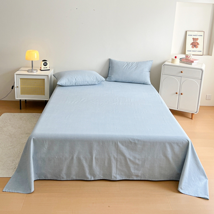 91家纺网 家纺一手货源 找家纺 感遇 2025新款全棉磨毛A类床单床笠三件套 细条蓝