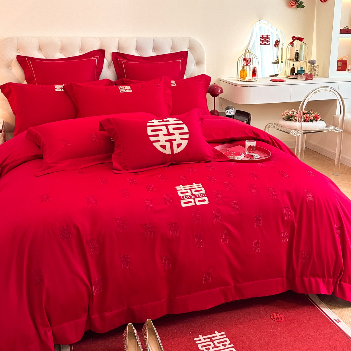 91家纺网 家纺一手货源 找家纺 置顶家纺 2025新款亲肤刺绣婚庆磨毛四件套 百囍图-大红