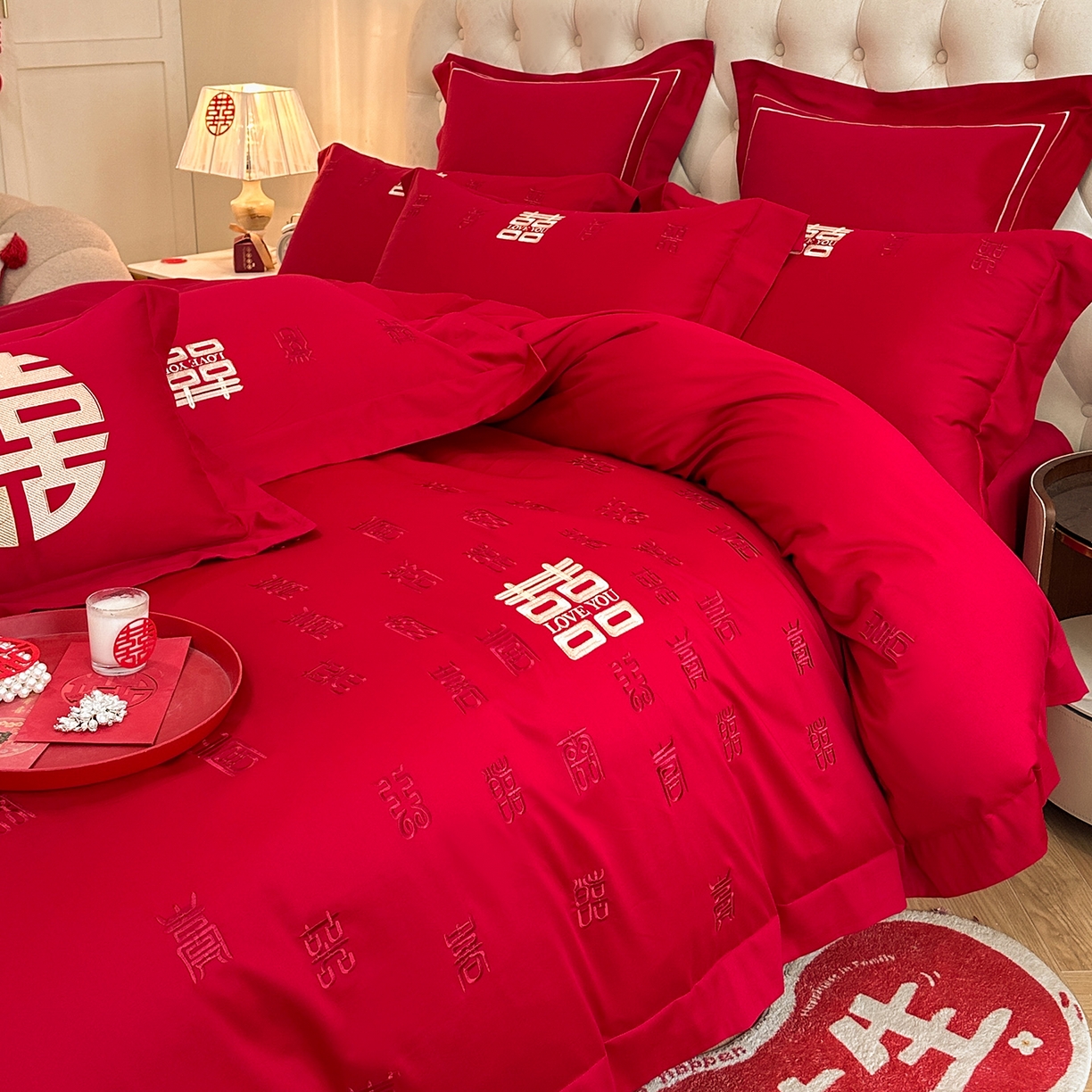 91家纺网 家纺一手货源 找家纺 置顶家纺 2025新款亲肤刺绣婚庆磨毛四件套 百囍图-大红