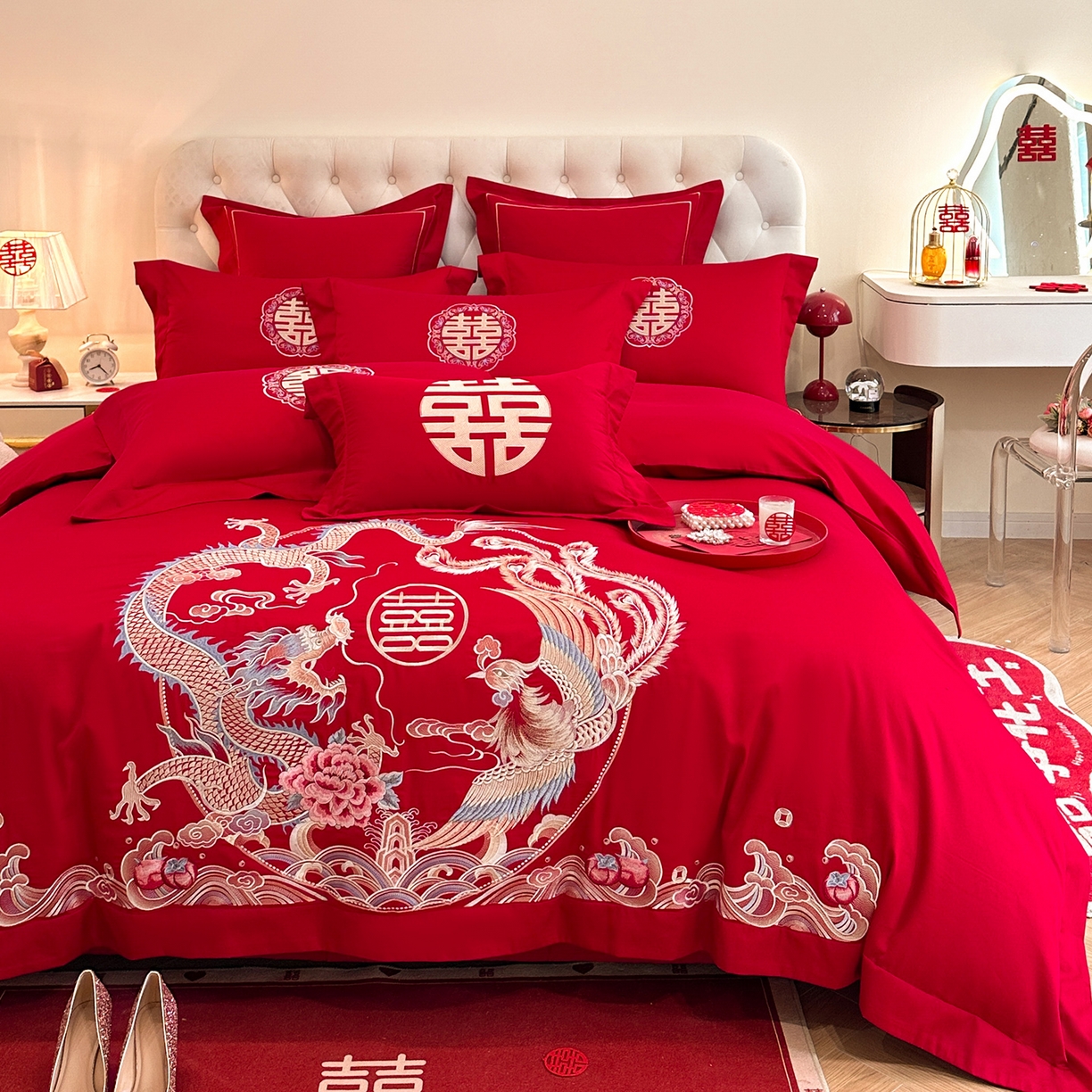 91家纺网 家纺一手货源 找家纺 置顶家纺 2025新款亲肤刺绣婚庆磨毛四件套 缔结良缘-大红