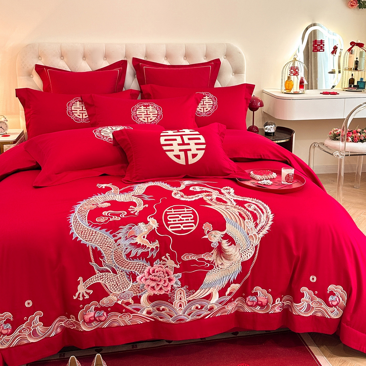 91家纺网 家纺一手货源 找家纺 置顶家纺 2025新款亲肤刺绣婚庆磨毛四件套 缔结良缘-大红