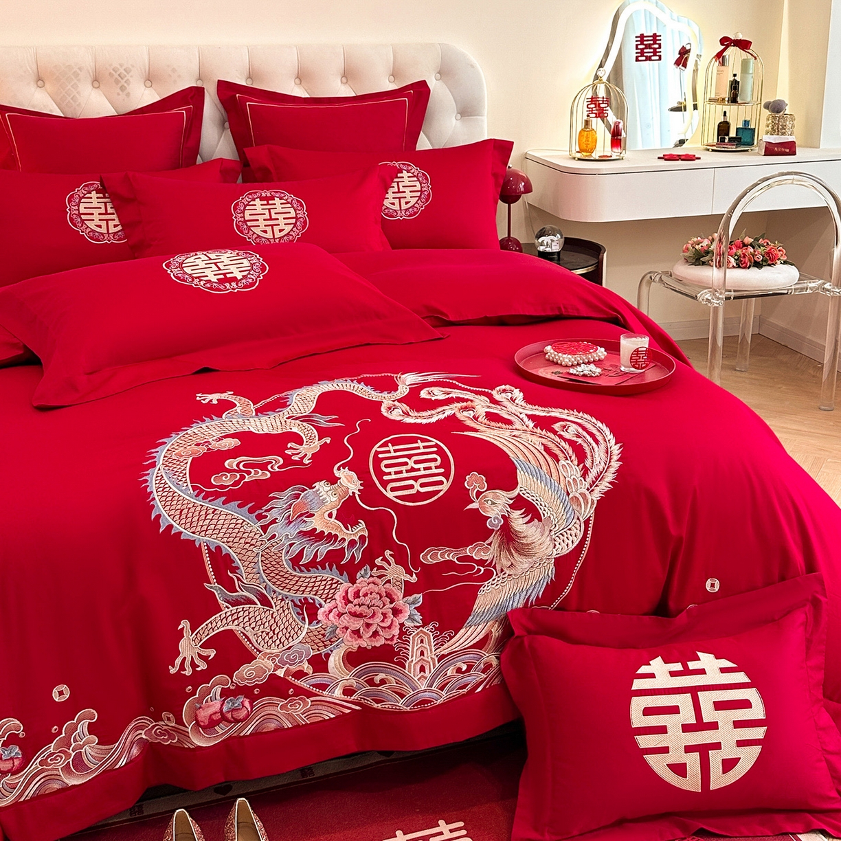 91家纺网 家纺一手货源 找家纺 置顶家纺 2025新款亲肤刺绣婚庆磨毛四件套 缔结良缘-大红