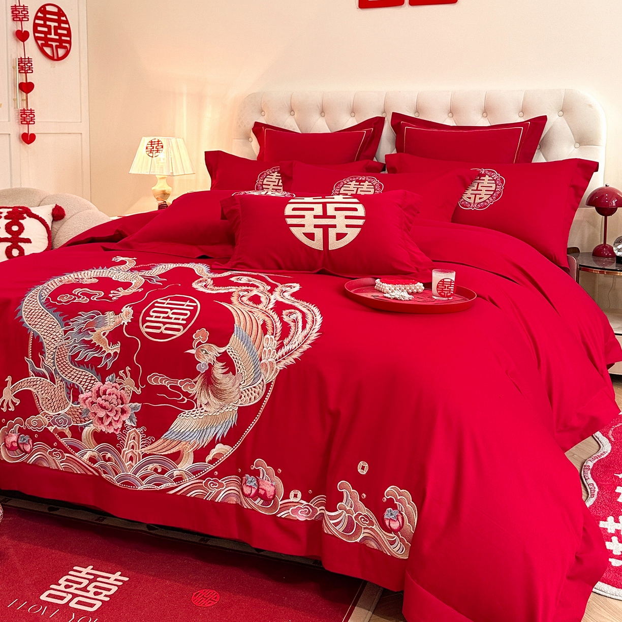 91家纺网 家纺一手货源 找家纺 置顶家纺 2025新款亲肤刺绣婚庆磨毛四件套 缔结良缘-大红