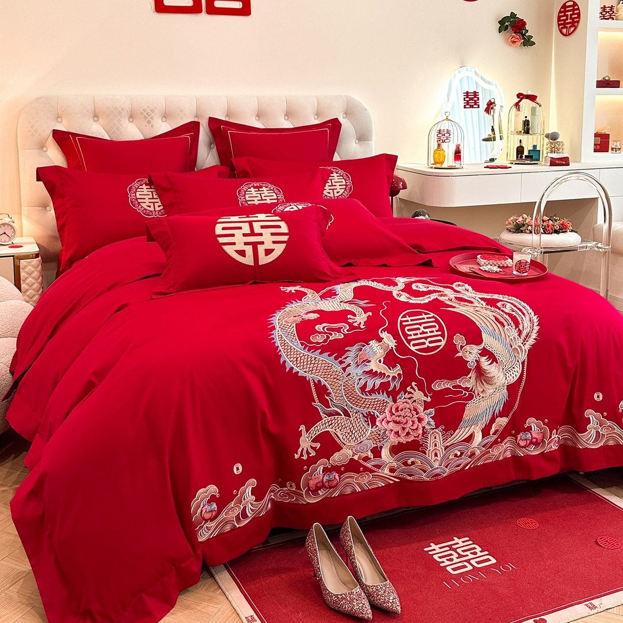 91家纺网 家纺一手货源 找家纺 置顶家纺 2025新款亲肤刺绣婚庆磨毛四件套 缔结良缘-大红