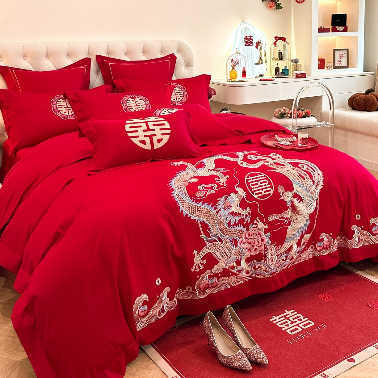 91家纺网 家纺一手货源 找家纺 置顶家纺 2025新款亲肤刺绣婚庆磨毛四件套 缔结良缘-大红