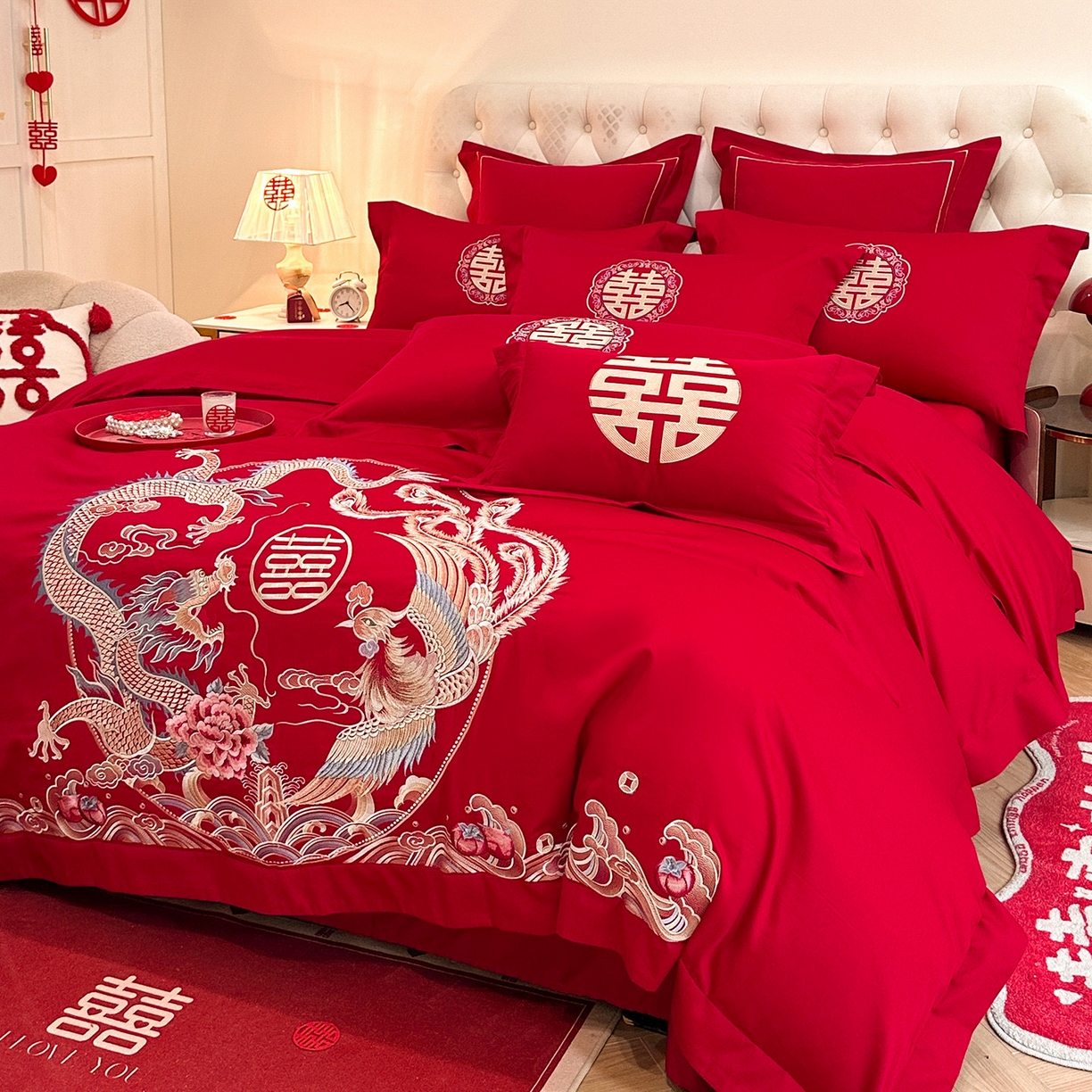 91家纺网 家纺一手货源 找家纺 置顶家纺 2025新款亲肤刺绣婚庆磨毛四件套 缔结良缘-大红