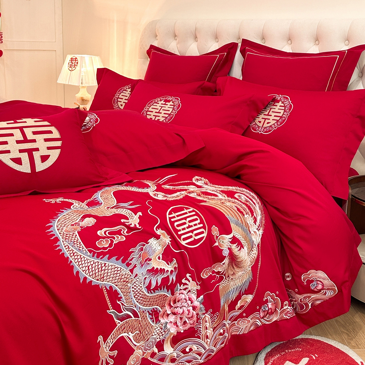 91家纺网 家纺一手货源 找家纺 置顶家纺 2025新款亲肤刺绣婚庆磨毛四件套 缔结良缘-大红