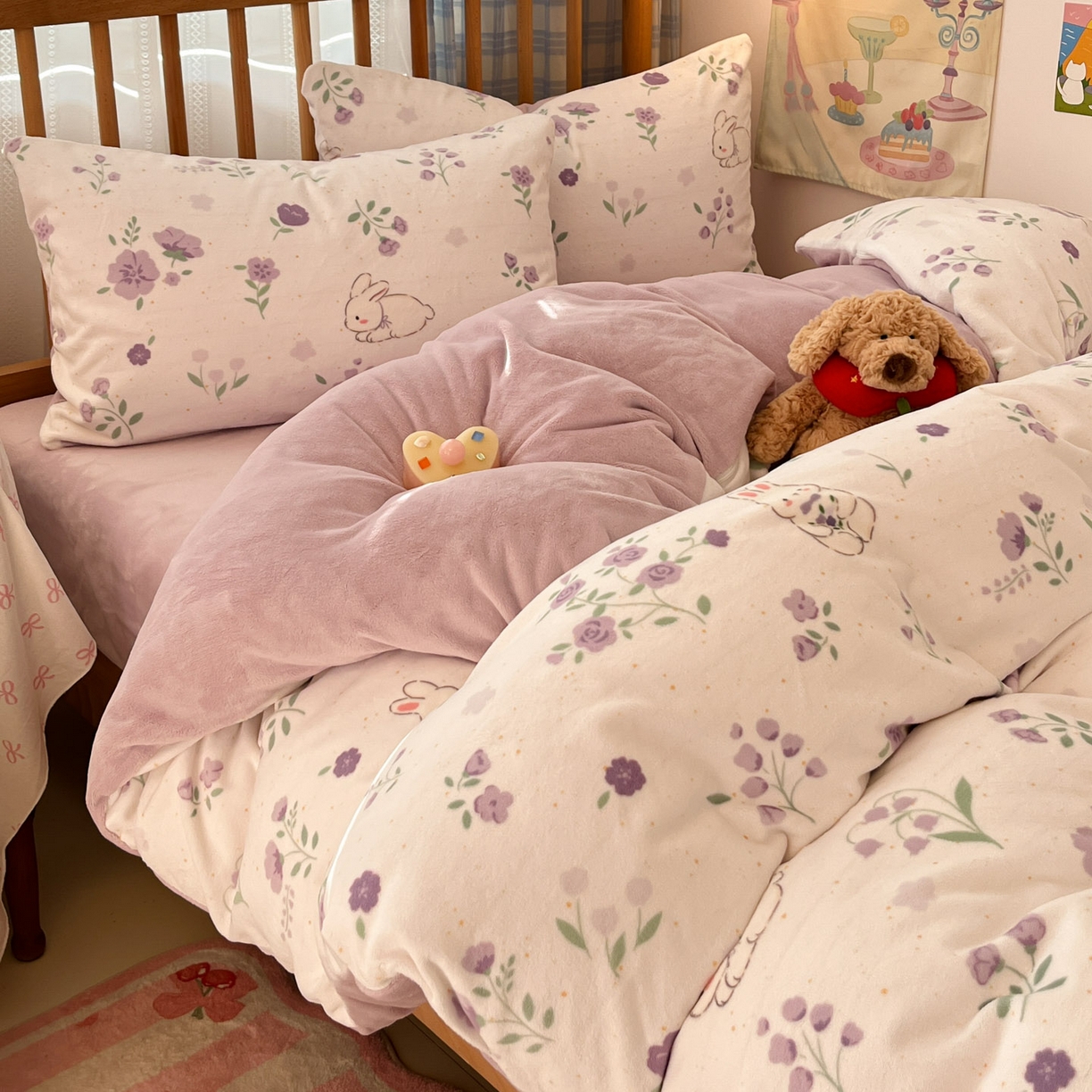 91家纺网 家纺一手货源 找家纺 酱子 2025新款牛奶绒印花四件套 D兔眠花笺