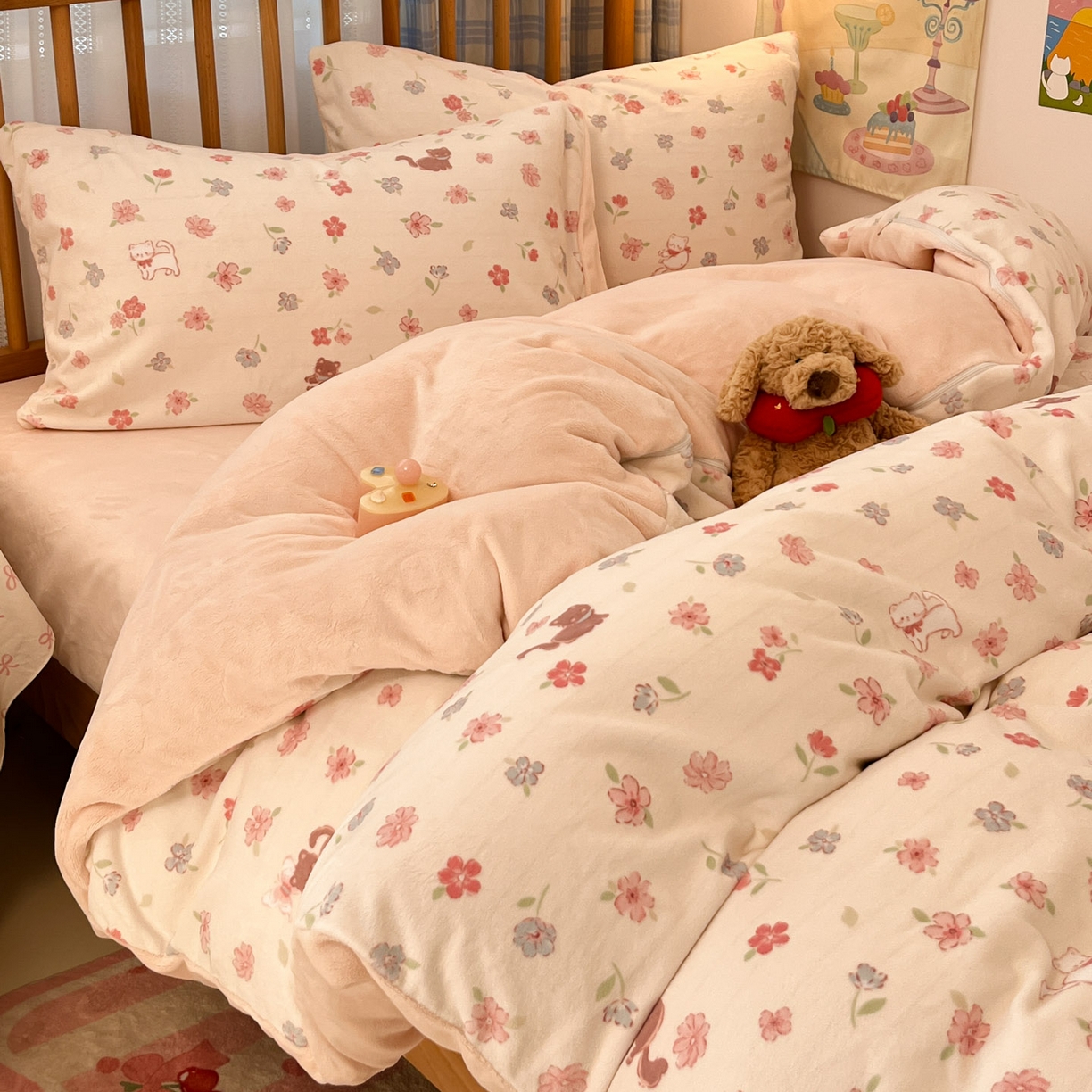 酱子 2025新款牛奶绒印花四件套 D碎花喵喵