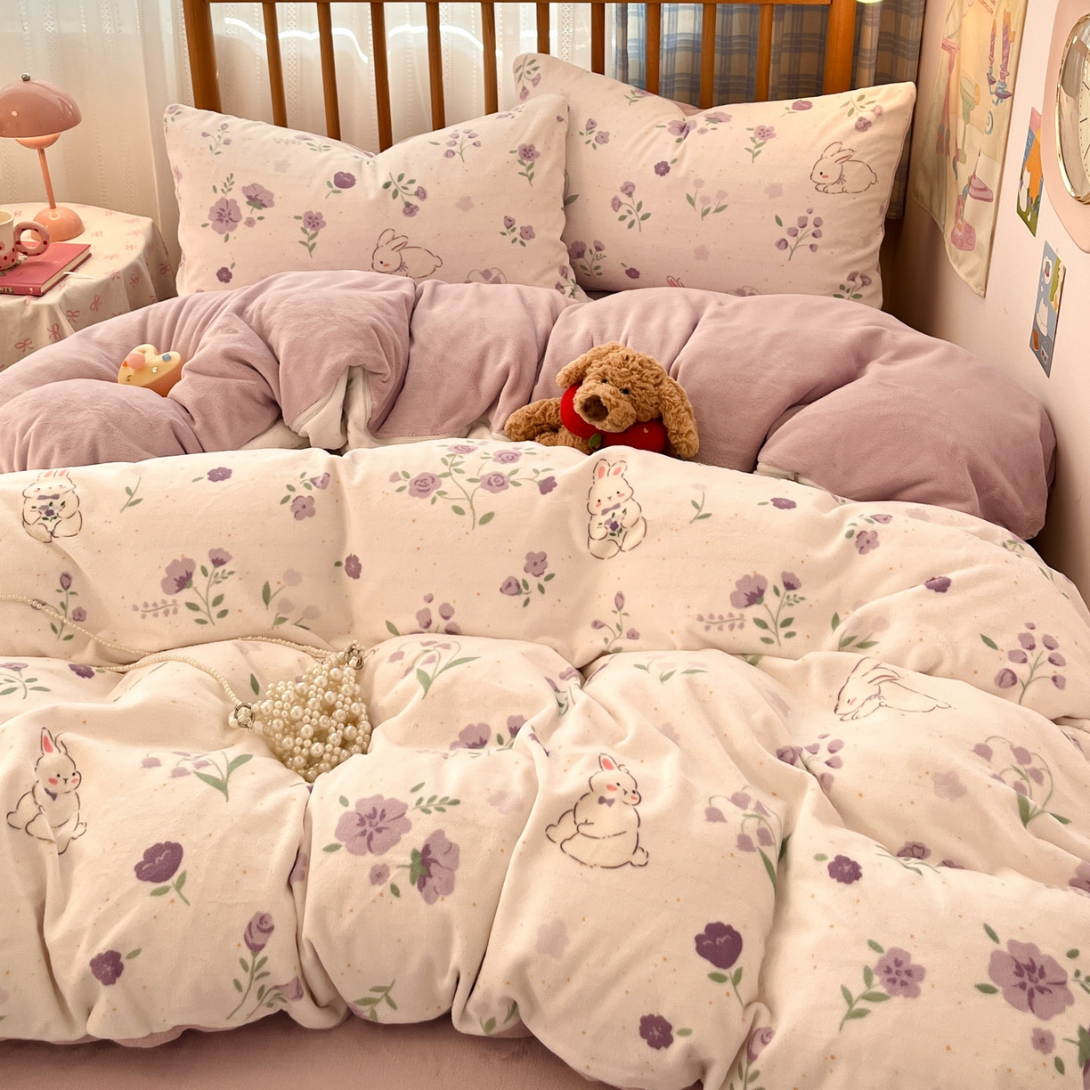 91家纺网 家纺一手货源 找家纺 酱子 2025新款牛奶绒印花四件套 D兔眠花笺