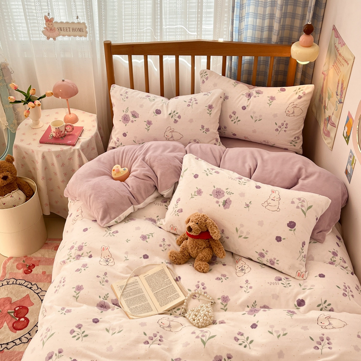 91家纺网 家纺一手货源 找家纺 酱子 2025新款牛奶绒印花四件套 D兔眠花笺