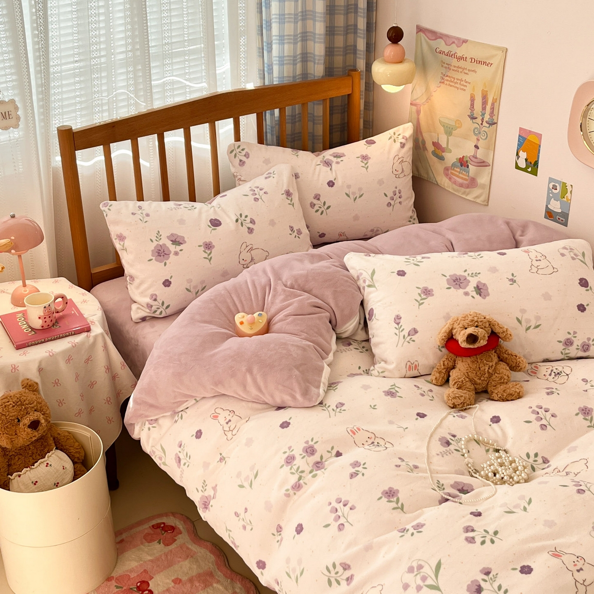 91家纺网 家纺一手货源 找家纺 酱子 2025新款牛奶绒印花四件套 D兔眠花笺