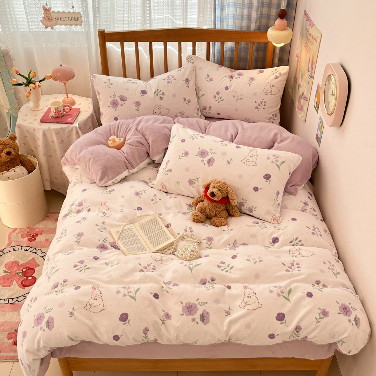 91家纺网 家纺一手货源 找家纺 酱子 2025新款牛奶绒印花四件套 D兔眠花笺