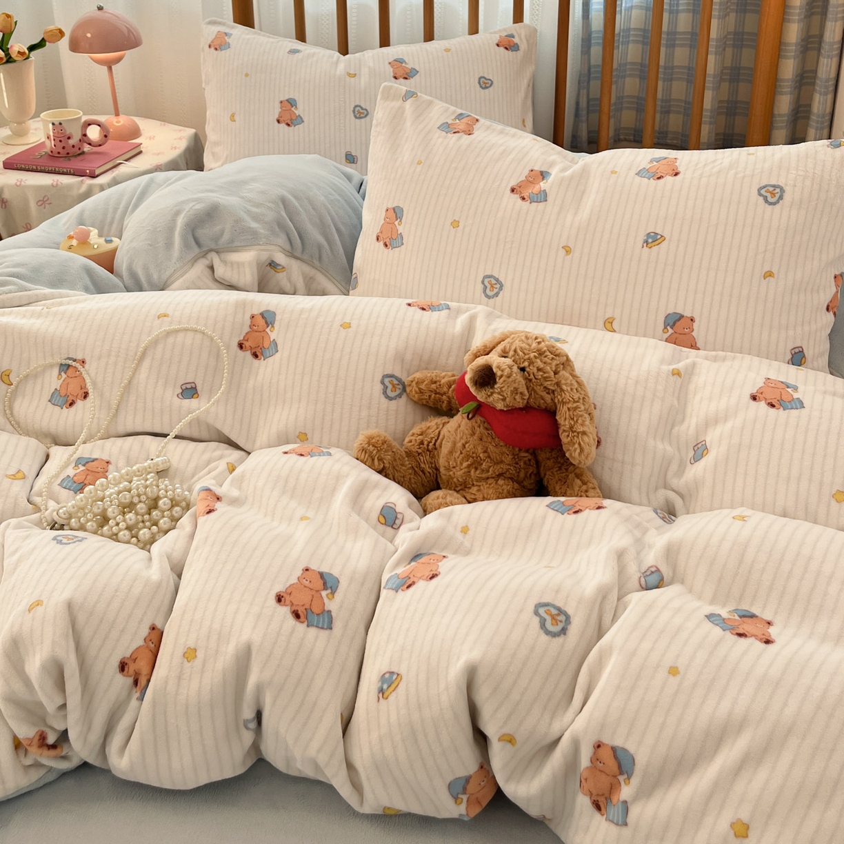 91家纺网 家纺一手货源 找家纺 酱子 2025新款牛奶绒印花四件套 D暖熊星芒