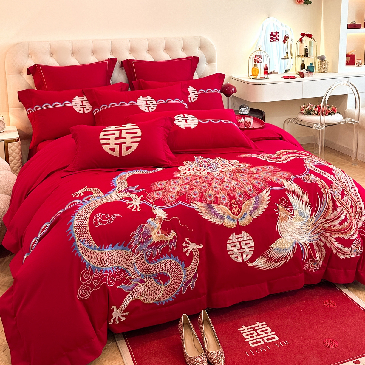 91家纺网 家纺一手货源 找家纺 置顶家纺 2025新款亲肤刺绣婚庆磨毛四件套 凤冠霞帔-大红