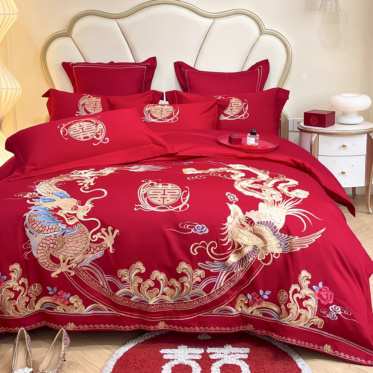 91家纺网 家纺一手货源 找家纺 置顶家纺 2025新款亲肤刺绣婚庆磨毛四件套 吉祥龙凤-大红