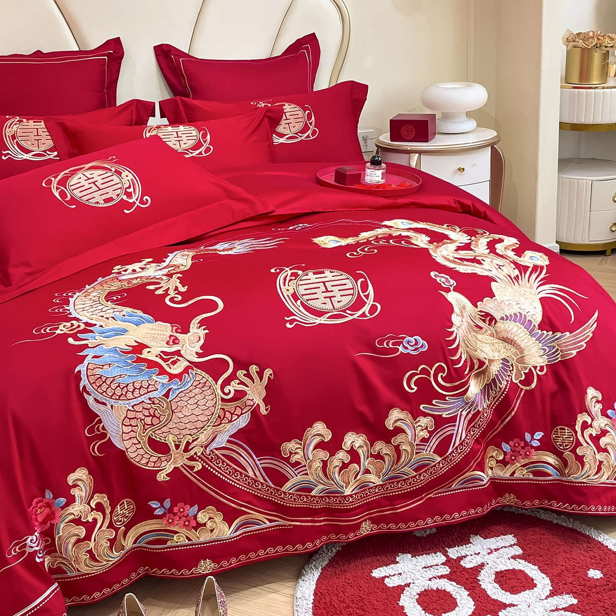 91家纺网 家纺一手货源 找家纺 置顶家纺 2025新款亲肤刺绣婚庆磨毛四件套 吉祥龙凤-大红