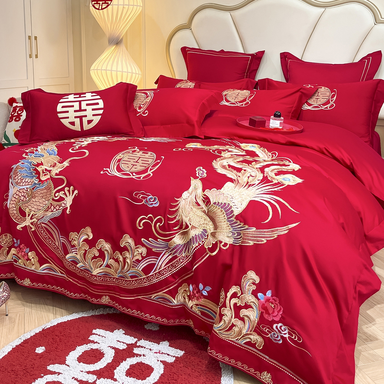 91家纺网 家纺一手货源 找家纺 置顶家纺 2025新款亲肤刺绣婚庆磨毛四件套 吉祥龙凤-大红