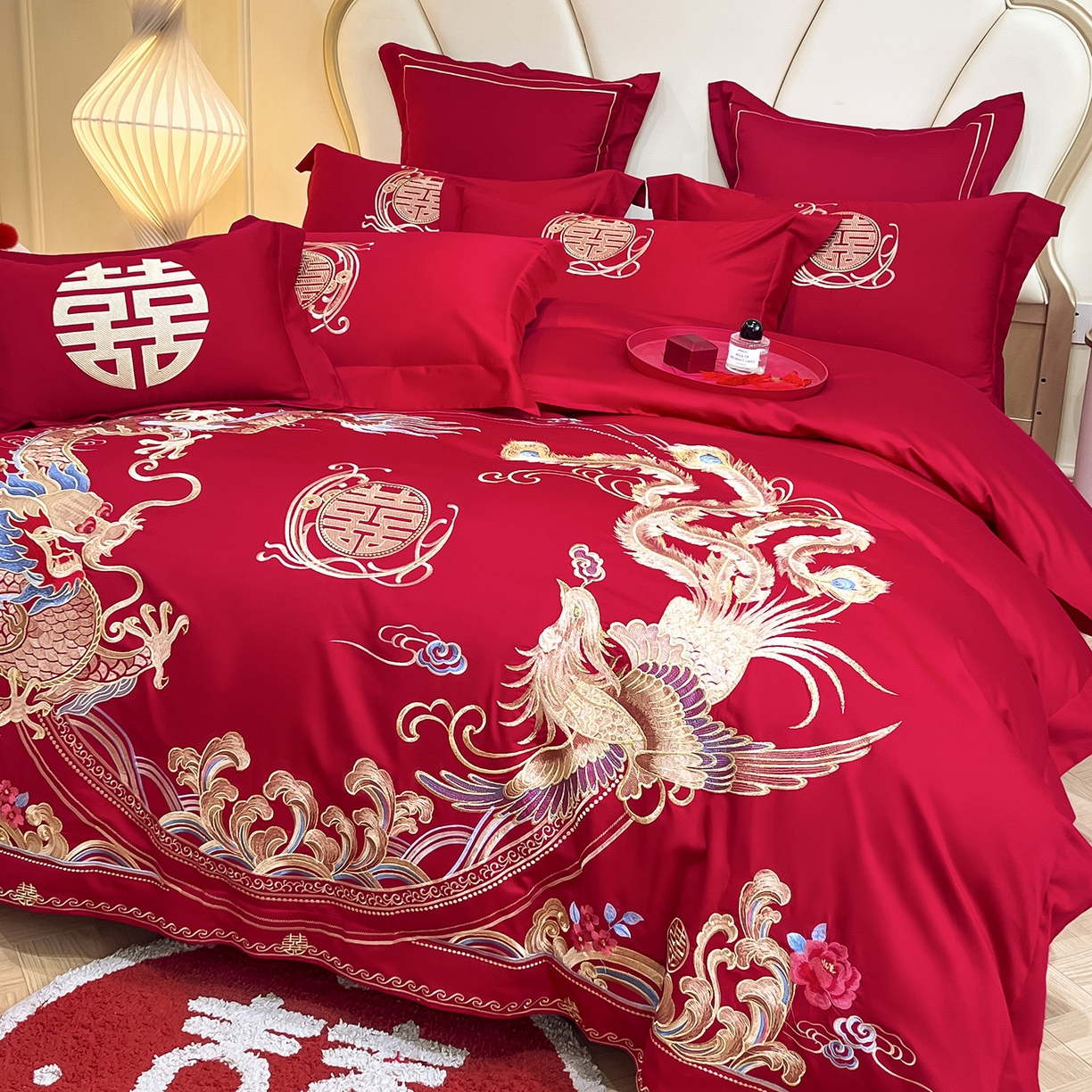 91家纺网 家纺一手货源 找家纺 置顶家纺 2025新款亲肤刺绣婚庆磨毛四件套 吉祥龙凤-大红