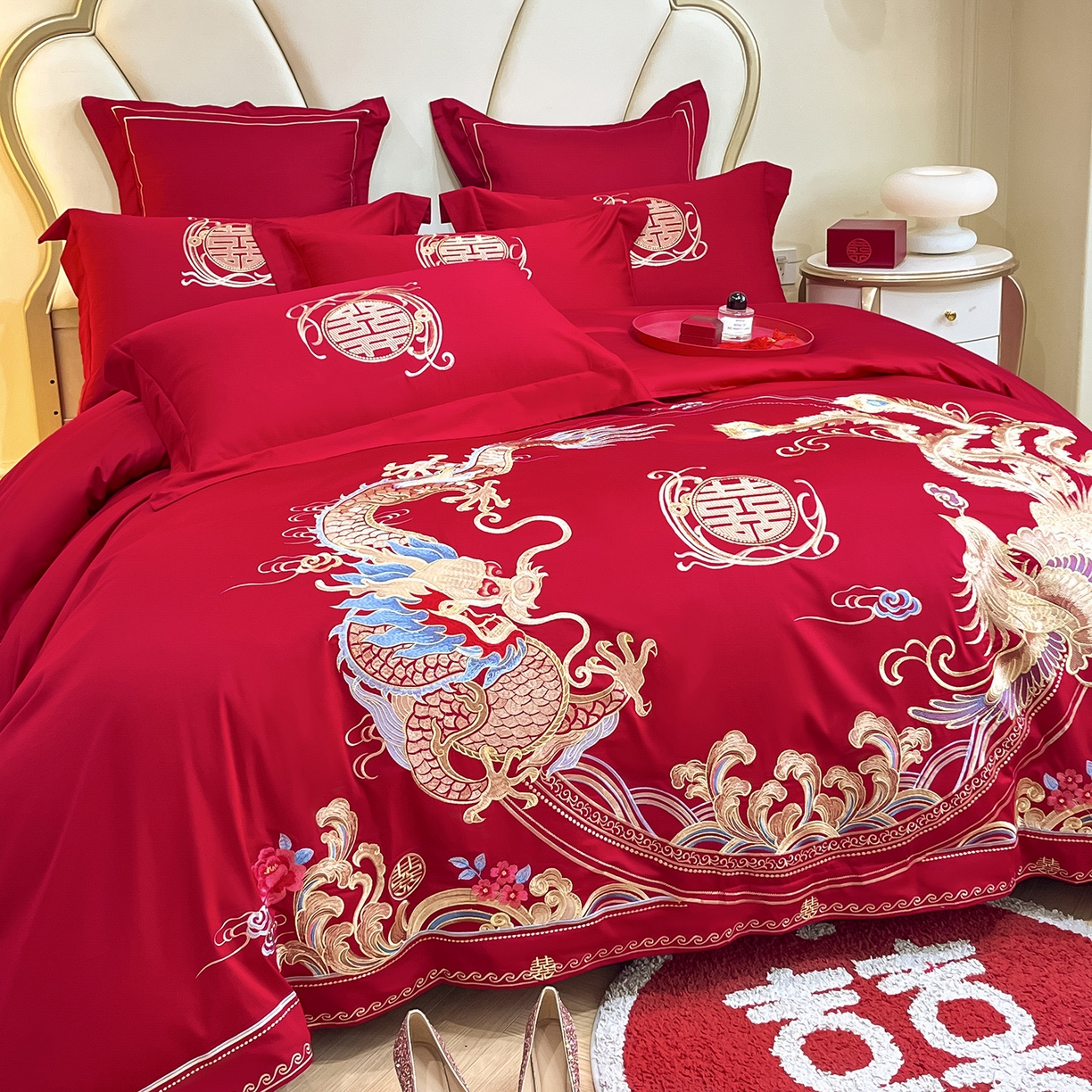 91家纺网 家纺一手货源 找家纺 置顶家纺 2025新款亲肤刺绣婚庆磨毛四件套 吉祥龙凤-大红