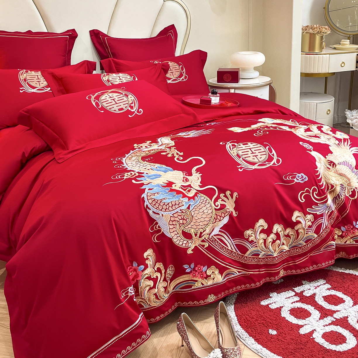 91家纺网 家纺一手货源 找家纺 置顶家纺 2025新款亲肤刺绣婚庆磨毛四件套 吉祥龙凤-大红