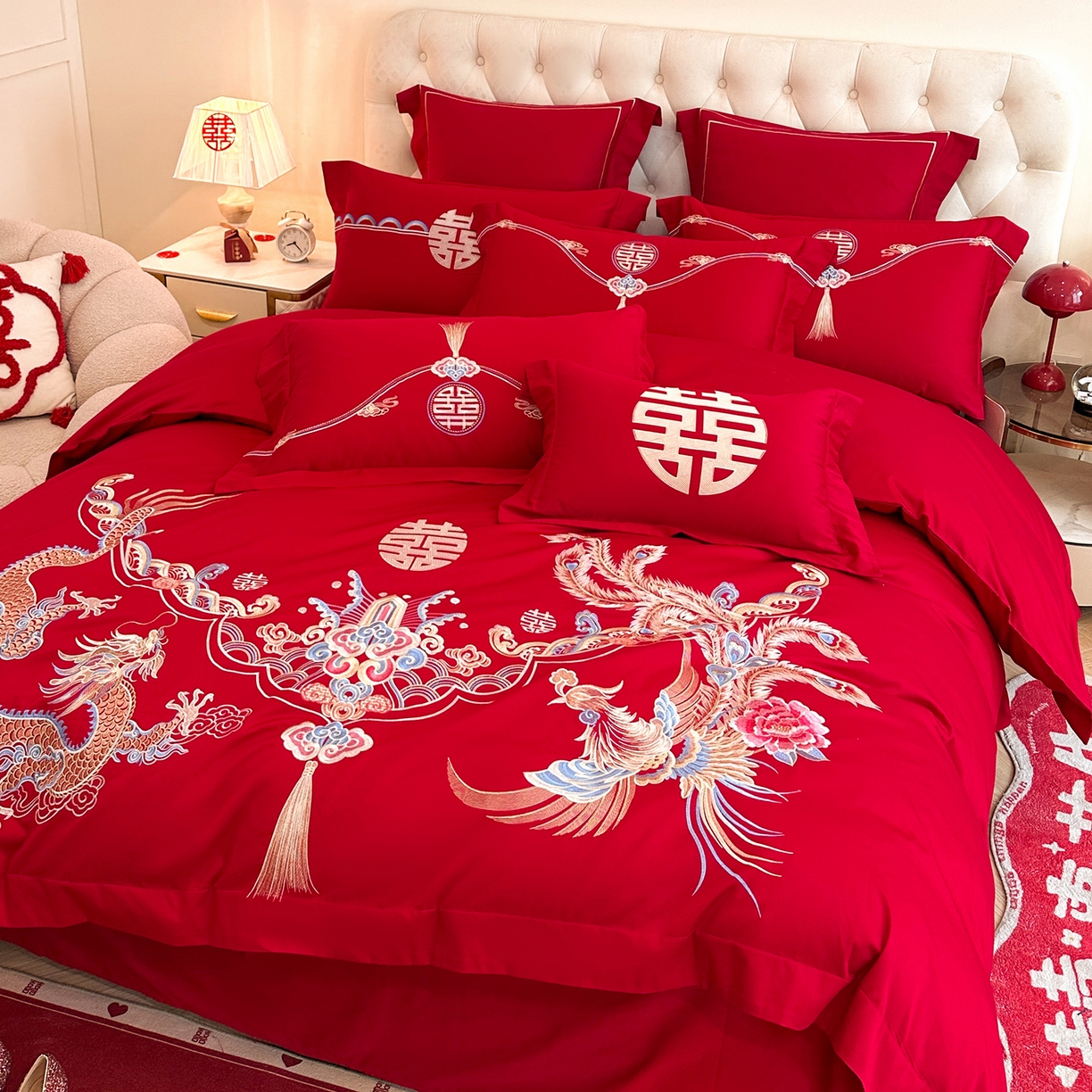 91家纺网 家纺一手货源 找家纺 置顶家纺 2025新款亲肤刺绣婚庆磨毛四件套 锦绣龙凤-大红