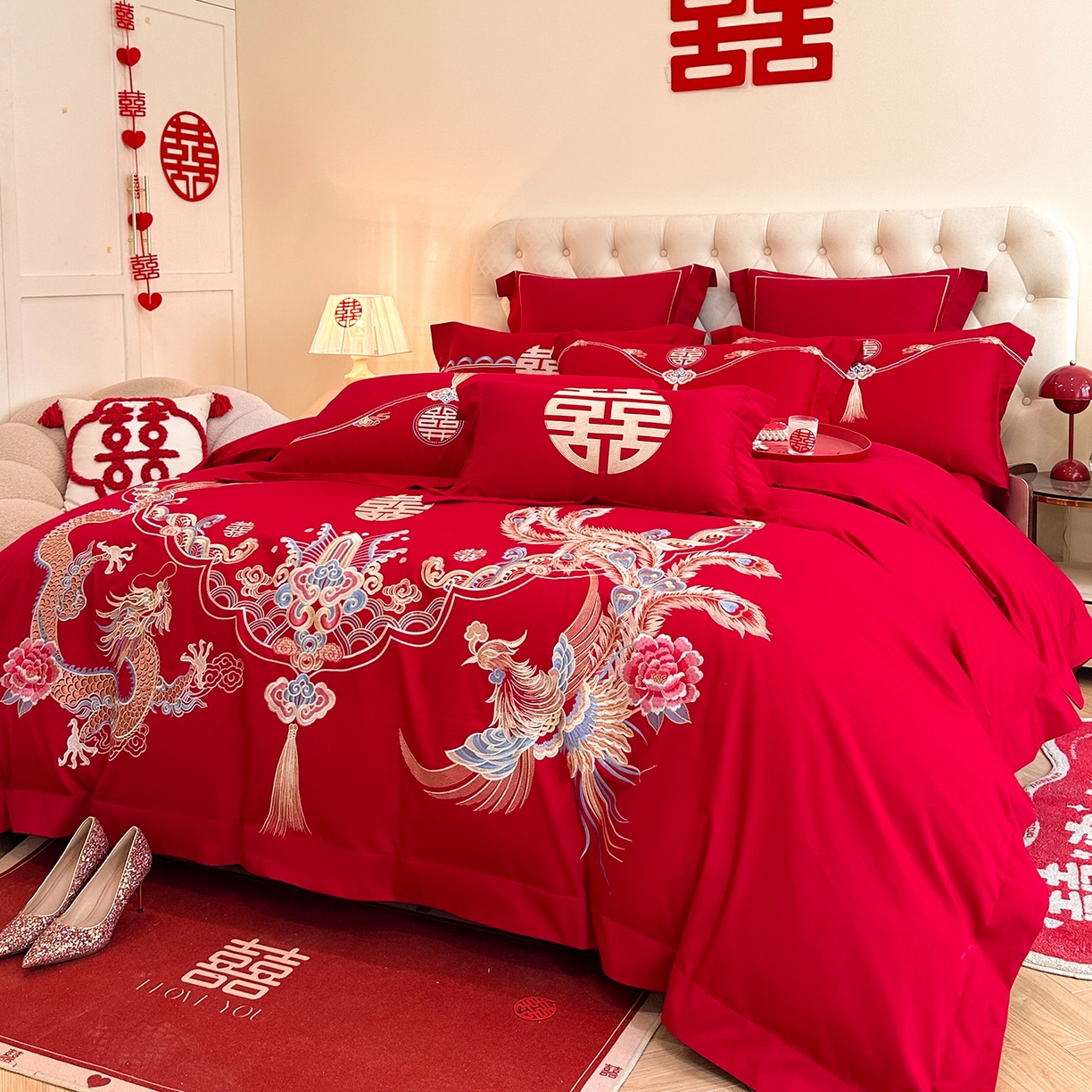 91家纺网 家纺一手货源 找家纺 置顶家纺 2025新款亲肤刺绣婚庆磨毛四件套 锦绣龙凤-大红